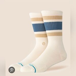 Stance Men’s Cream Crew Socks with Navy & Tan Stripes, Large, Sizes 9-13, Cotton